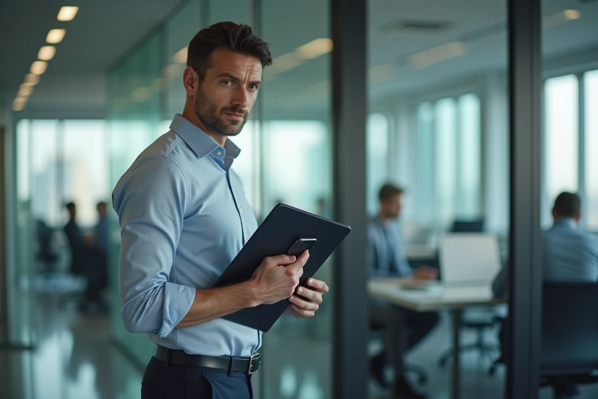 Homme en réunion dans un bureau moderne avec smartphone