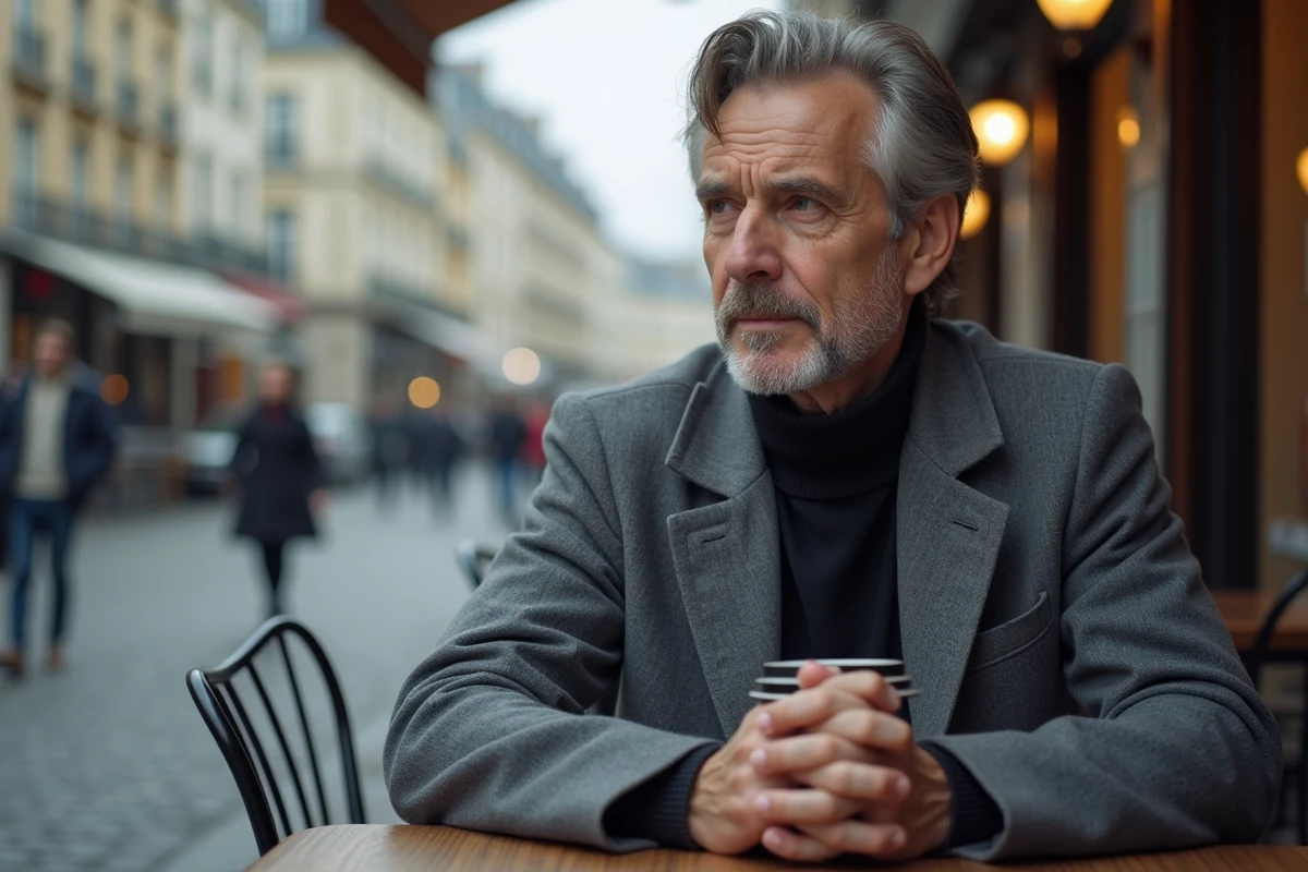 Homme seul attablé à une terrasse de café parisien, regard perdu dans le vague, illustration mélancolique d'un artiste mystérieux dont la disparition intrigue