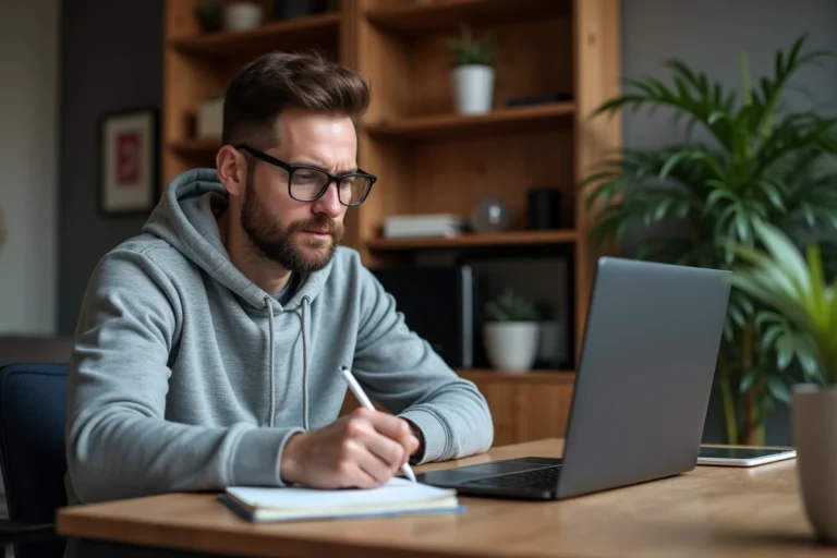 Homme en hoodie regardant un live sur son ordinateur