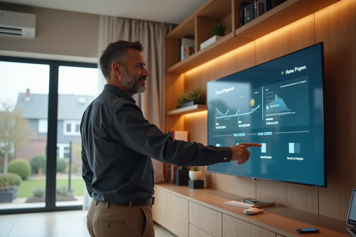 Homme interagissant avec un écran tactile dans un bureau moderne