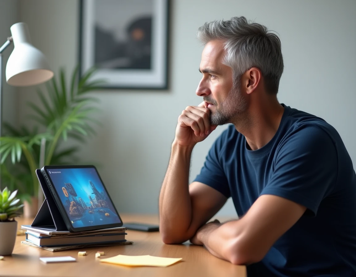 Homme adulte réfléchissant devant une tablette affichant un niveau difficile d'un jeu de puzzle coloré