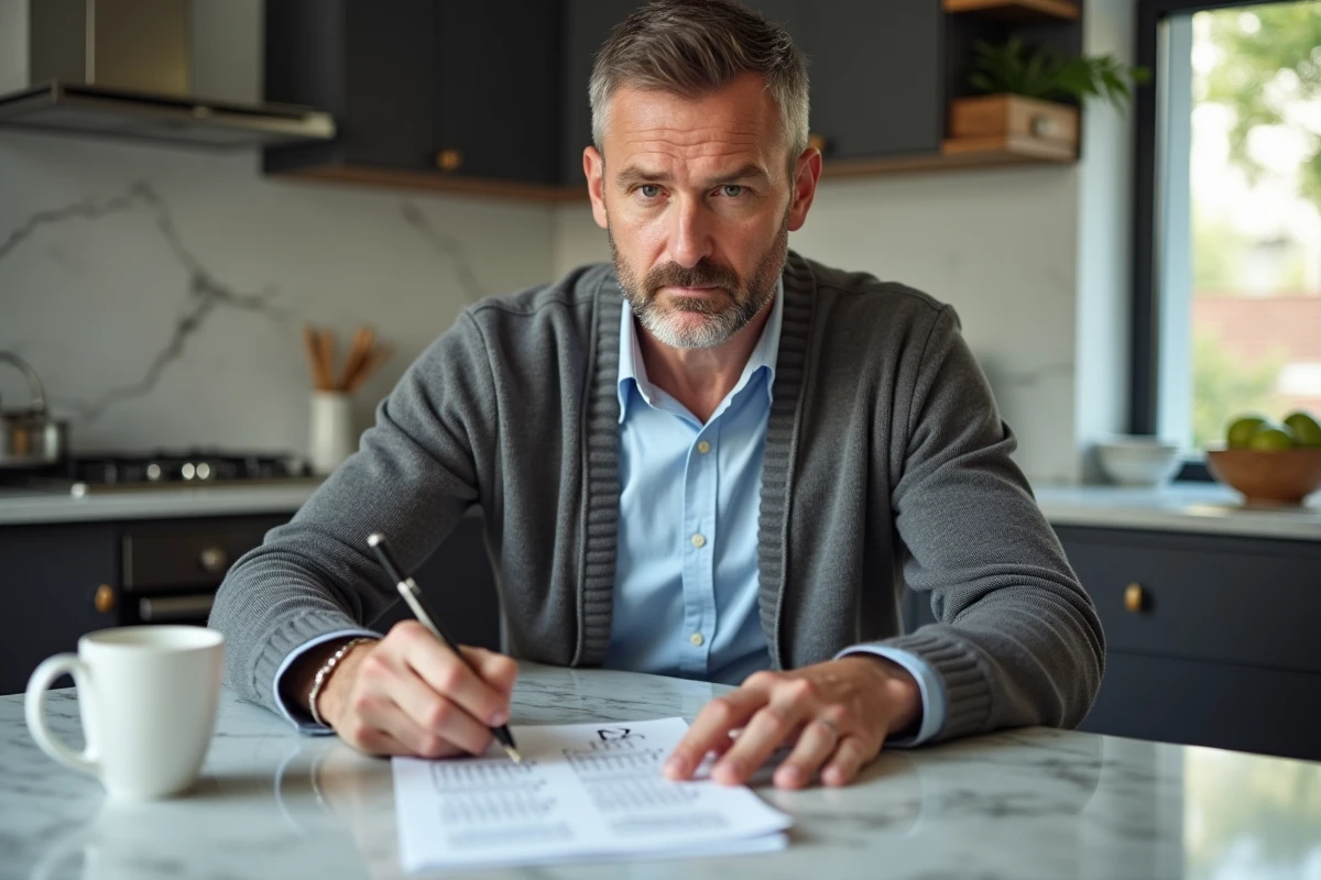 Homme en cuisine remplissant un test IQ