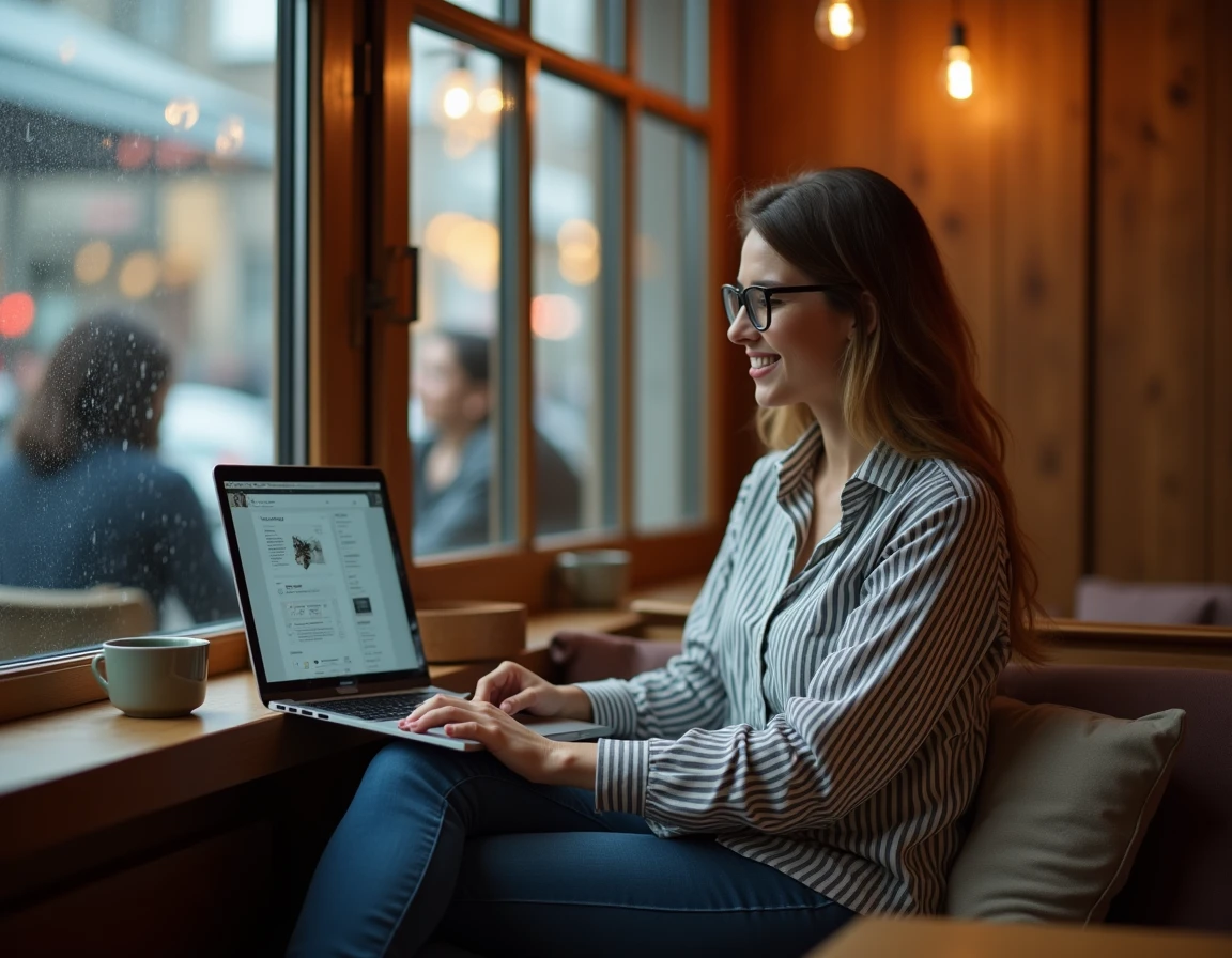 Jeune femme naviguant sur un plan de site web depuis un ordinateur portable dans un café chaleureux