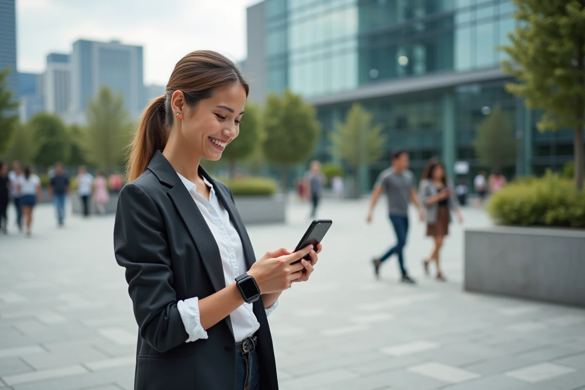 Jeune femme urbaine utilisant smartphone et smartwatch