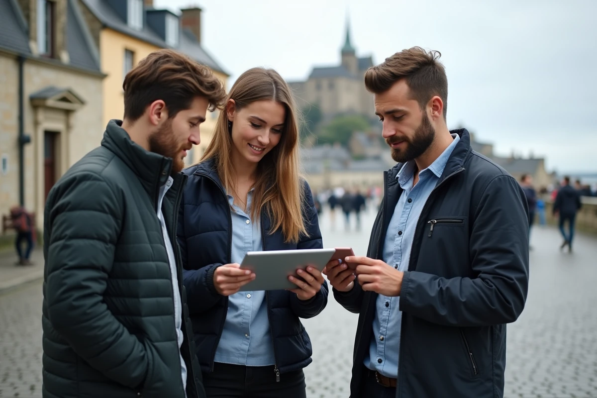 Trois jeunes professionnels discutant avec Mont Saint Michel en arrière-plan