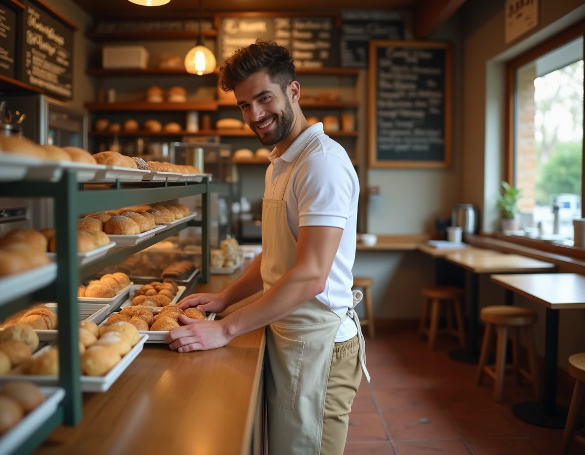Jeune homme travaillant dans une boulangerie artisanale dans le cadre d'un emploi saisonnier d'été