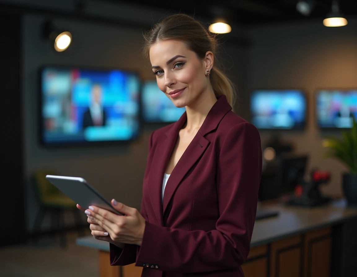 Journaliste femme dans les coulisses d'un studio de télévision, préparant une émission politique, illustration de la carrière médiatique et de la vie publique
