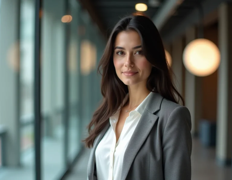 Jeune femme brune souriante dans un couloir de studio de télévision, évoquant l'univers médiatique de Kelly Vedovelli