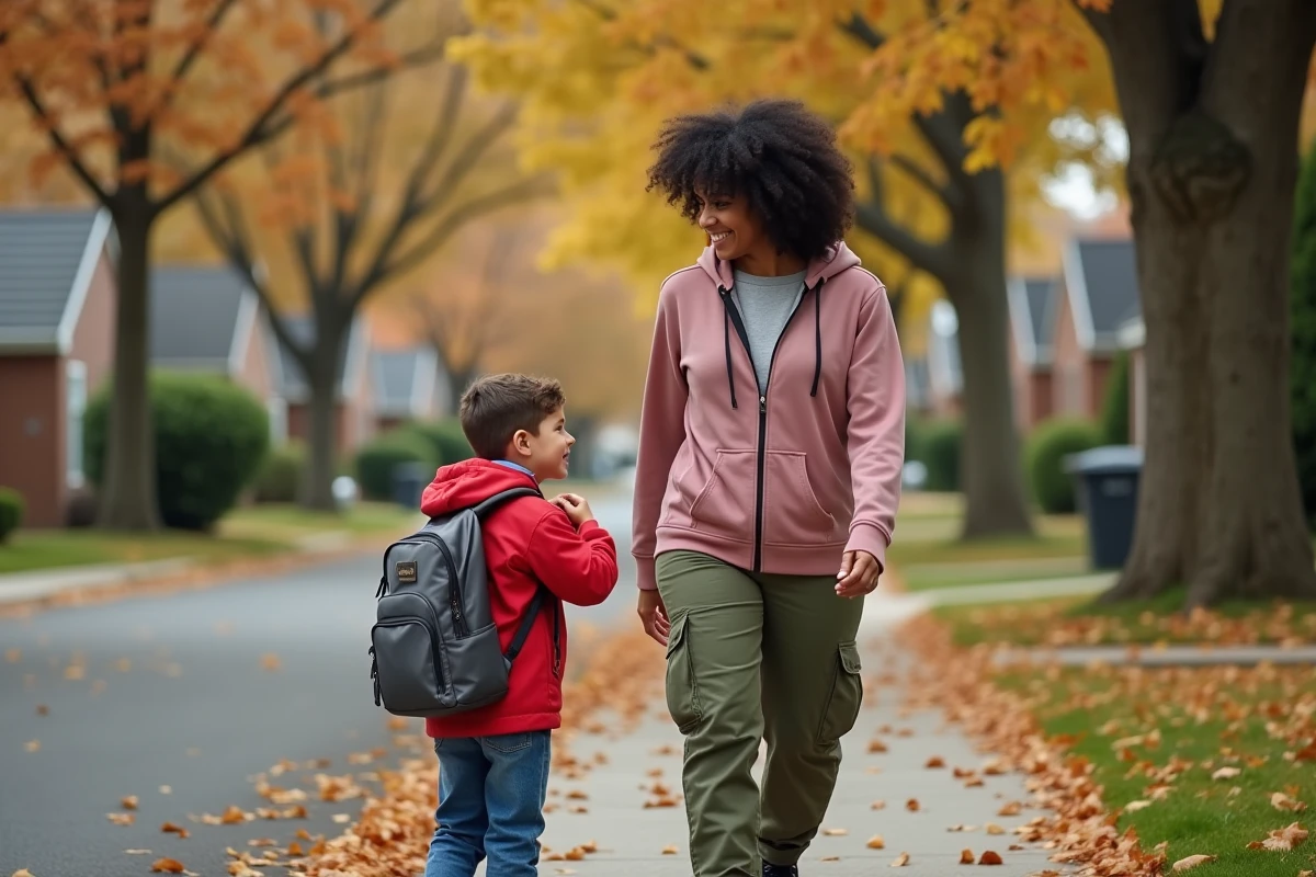Mère marchant avec son enfant sur le chemin de l'école en automne, moment de dialogue et d'accompagnement bienveillant au quotidien