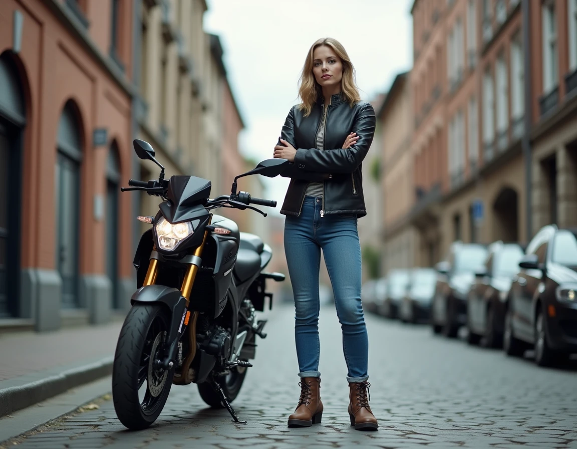 Jeune femme debout à côté d'une moto sportive 125cc en milieu urbain, illustration d'un choix de moto performante à moins de 2000 euros
