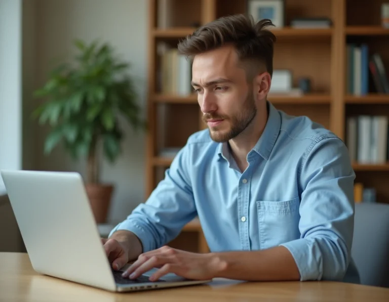 Homme obtenant son BSR en ligne sur un ordinateur portable dans un bureau à domicile moderne