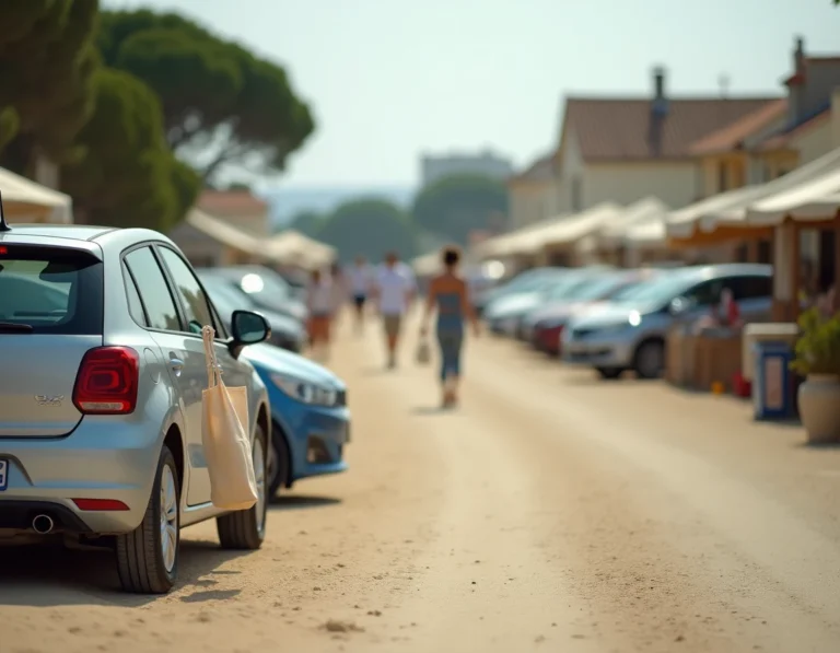 Parking en gravier près du marché de Fort Mahon avec voitures garées et piétons en été