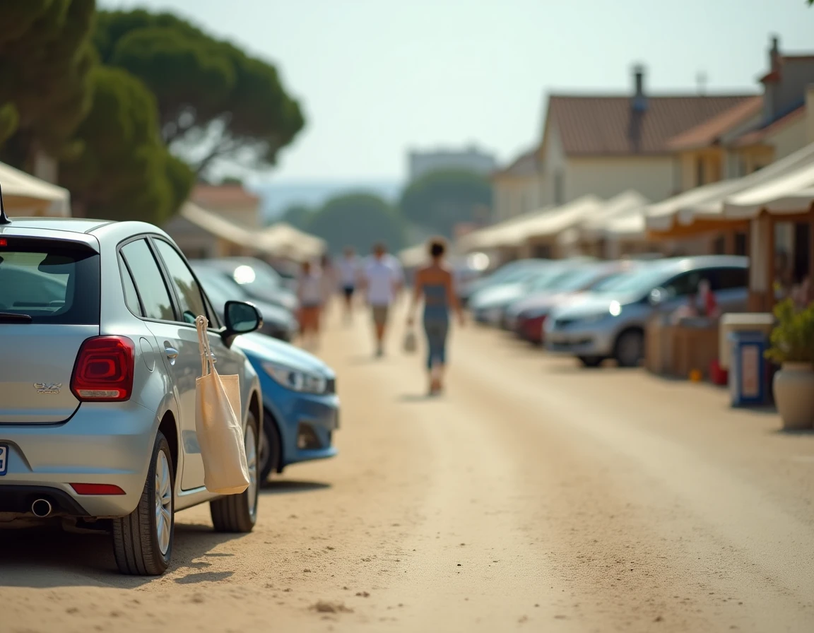 Parking en gravier près du marché de Fort Mahon avec voitures garées et piétons en été