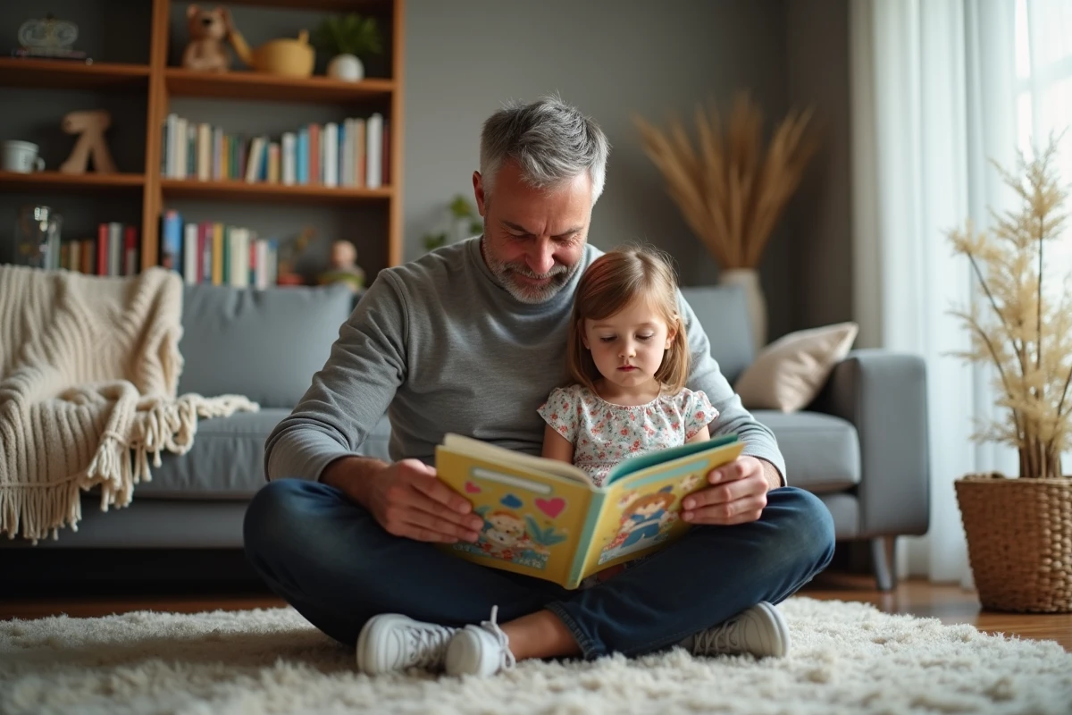 Père aidant sa fille à apprendre à lire dans un salon chaleureux, moment d'accompagnement parental et d'éveil scolaire