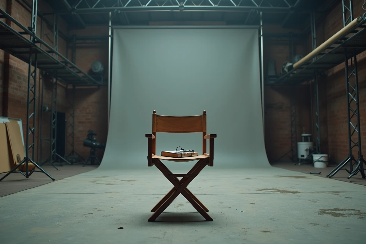 Chaise de réalisateur vide sur un plateau de tournage abandonné avec script et lunettes, symbolisant la disparition mystérieuse d'un artiste au sommet de sa carrière