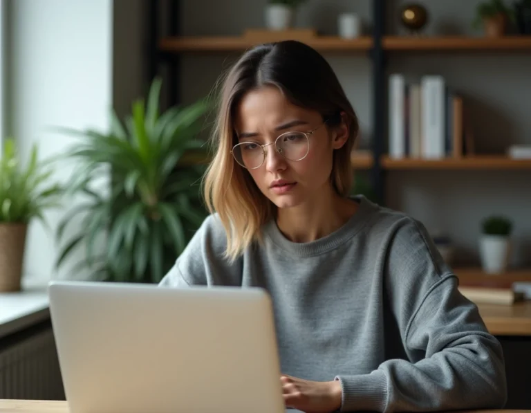 Femme consultant les paramètres de confidentialité de son ordinateur portable pour se protéger contre le voyeurisme numérique