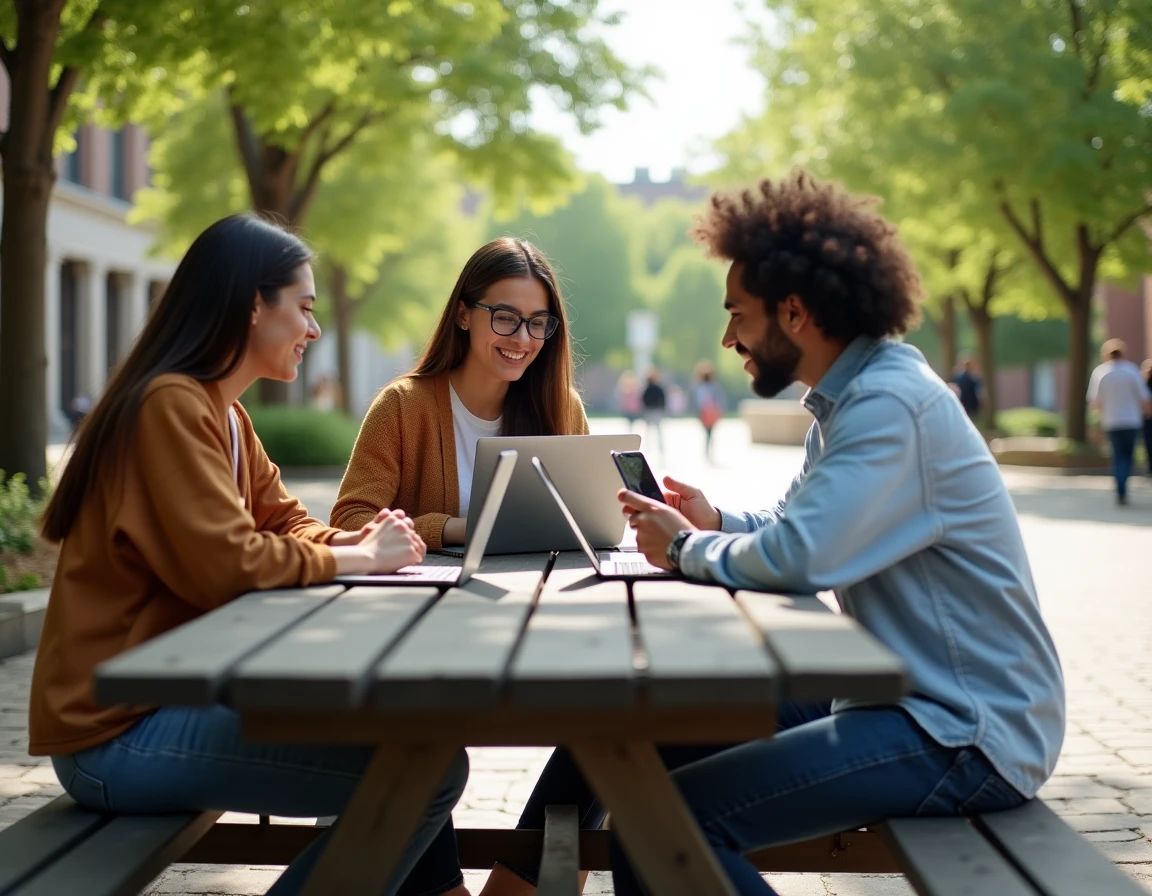 Groupe de jeunes adultes recherchant des offres de jobs d'été sur leurs ordinateurs en plein air sur un campus universitaire