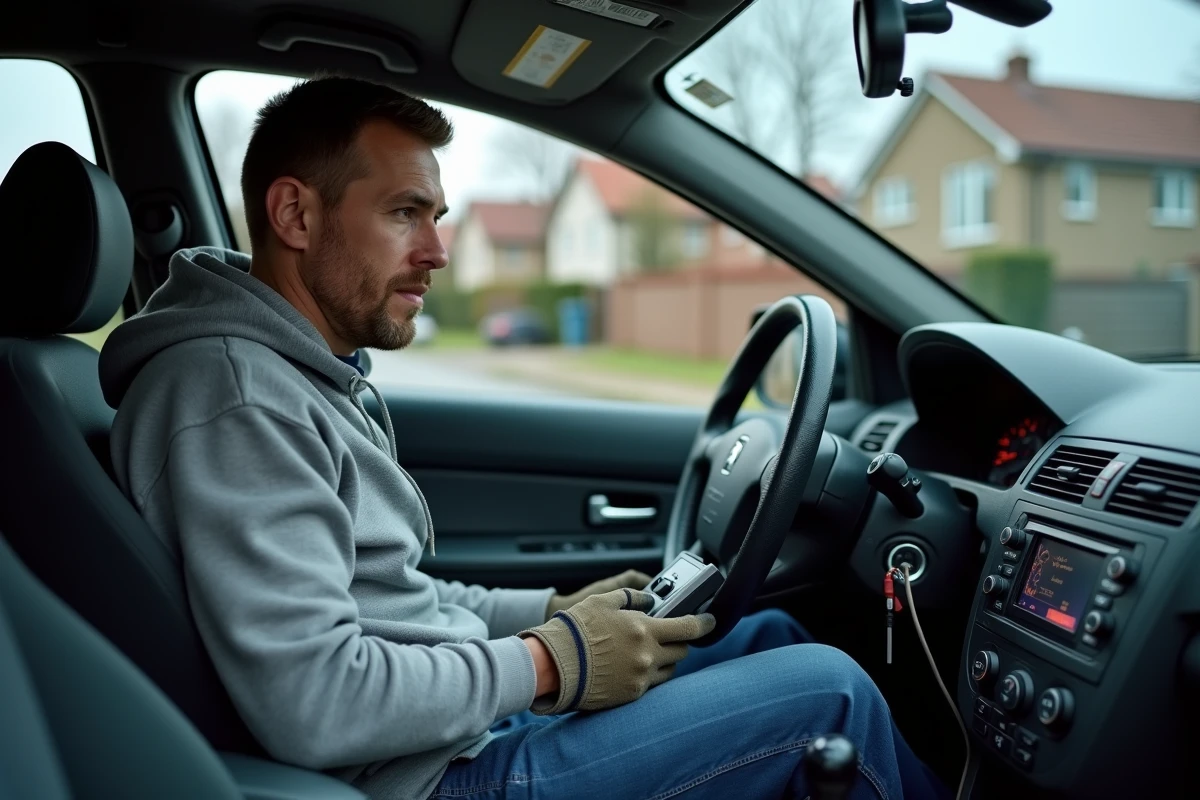 Propriétaire de Peugeot 307 utilisant un scanner OBD2 pour réinitialiser le BSI dans une allée résidentielle