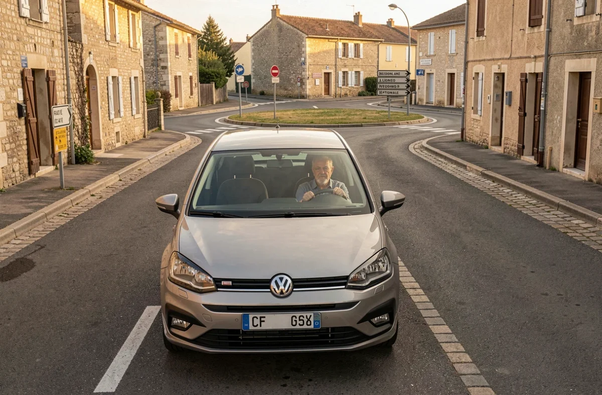 Conducteur sur une route nationale traversant un bourg français avec des bâtiments en pierre et un rond-point