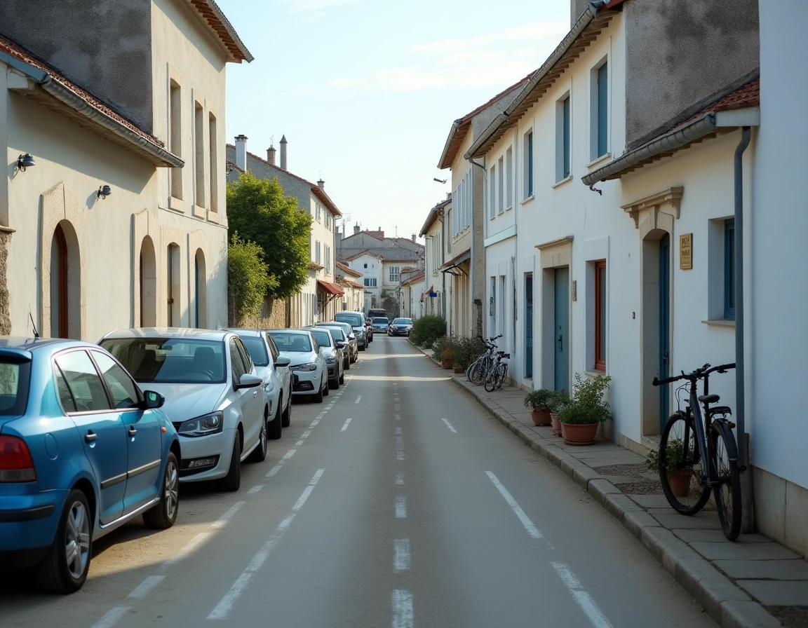 Rue résidentielle calme avec voitures garées et marquages au sol usés dans un village côtier près de Fort Mahon