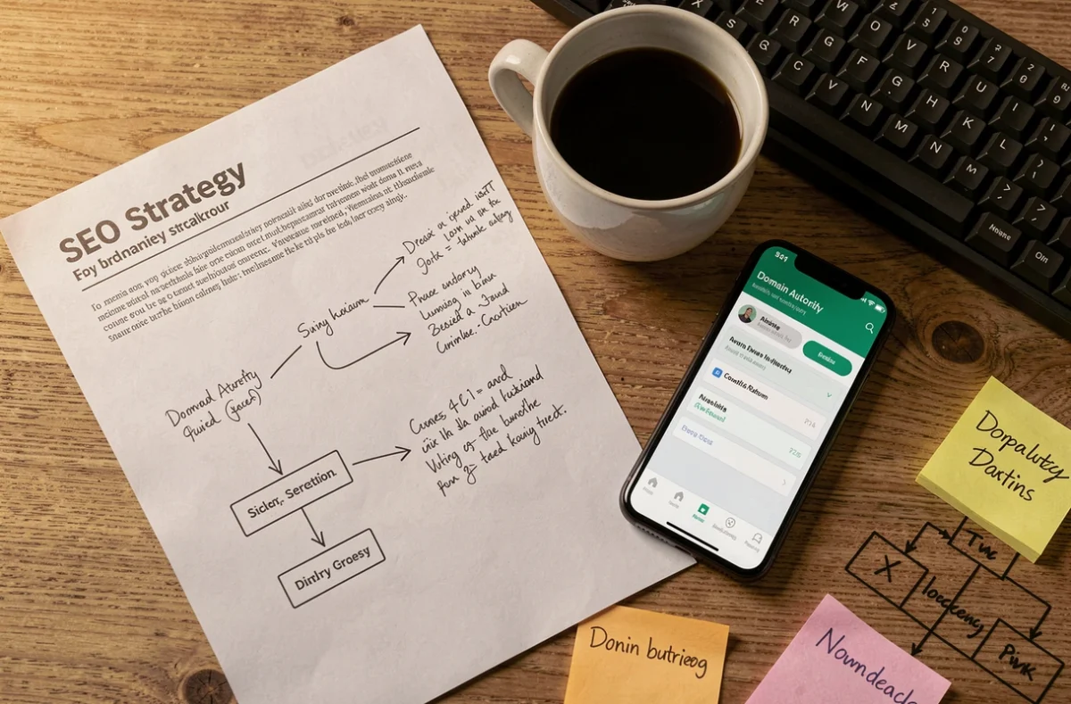 Vue aérienne d'un bureau avec des documents de stratégie SEO, des notes sur un réseau de liens et un smartphone affichant une application d'autorité de domaine