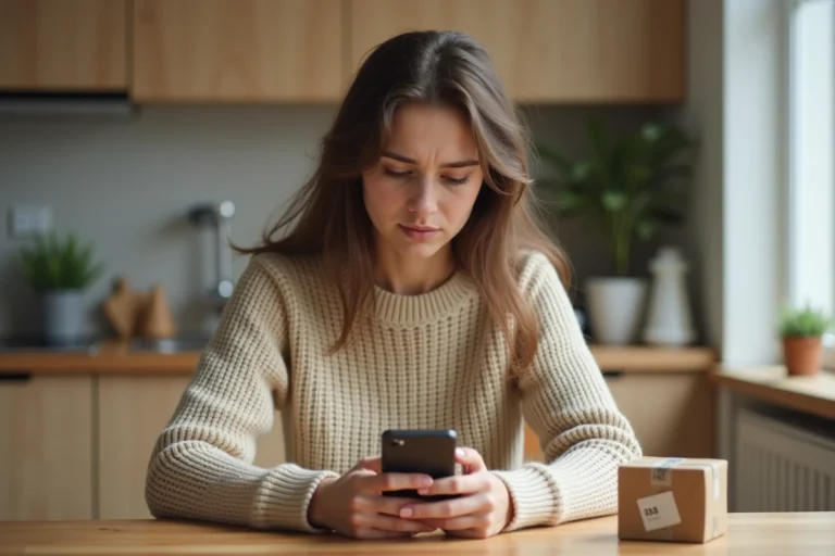 Jeune femme vérifiant le suivi de son colis Vinted Go sur son smartphone à une table de cuisine en bois