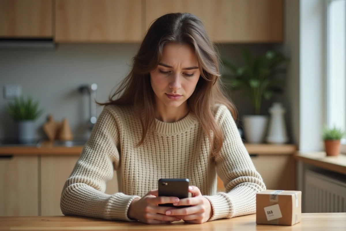 Jeune femme vérifiant le suivi de son colis Vinted Go sur son smartphone à une table de cuisine en bois