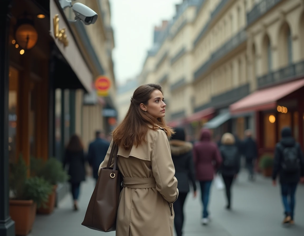 Femme marchant dans une rue parisienne consciente des caméras de surveillance, illustrant les enjeux du voyeurisme dans l'espace public