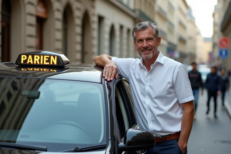 Chauffeur de taxi parisien souriant devant son taxi