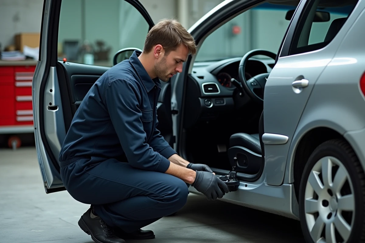 Technicien automobile inspectant le BSI sous le tableau de bord d'une Peugeot 307 HDi dans un garage