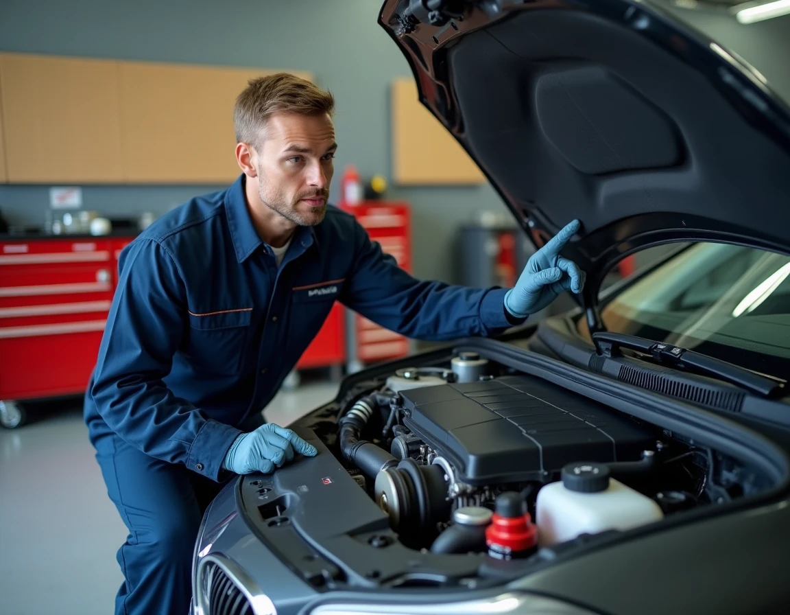 Technicien automobile montrant l'emplacement du cylindre numéro 1 sur un moteur à quatre cylindres dans un atelier de mécanique professionnel