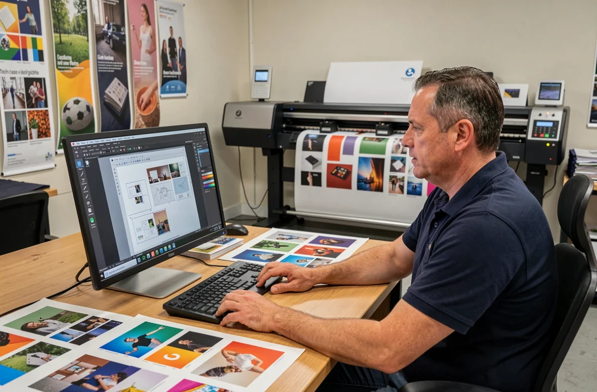 Technicien en imprimerie travaillant sur une commande d'impression le dimanche dans un atelier à Lille