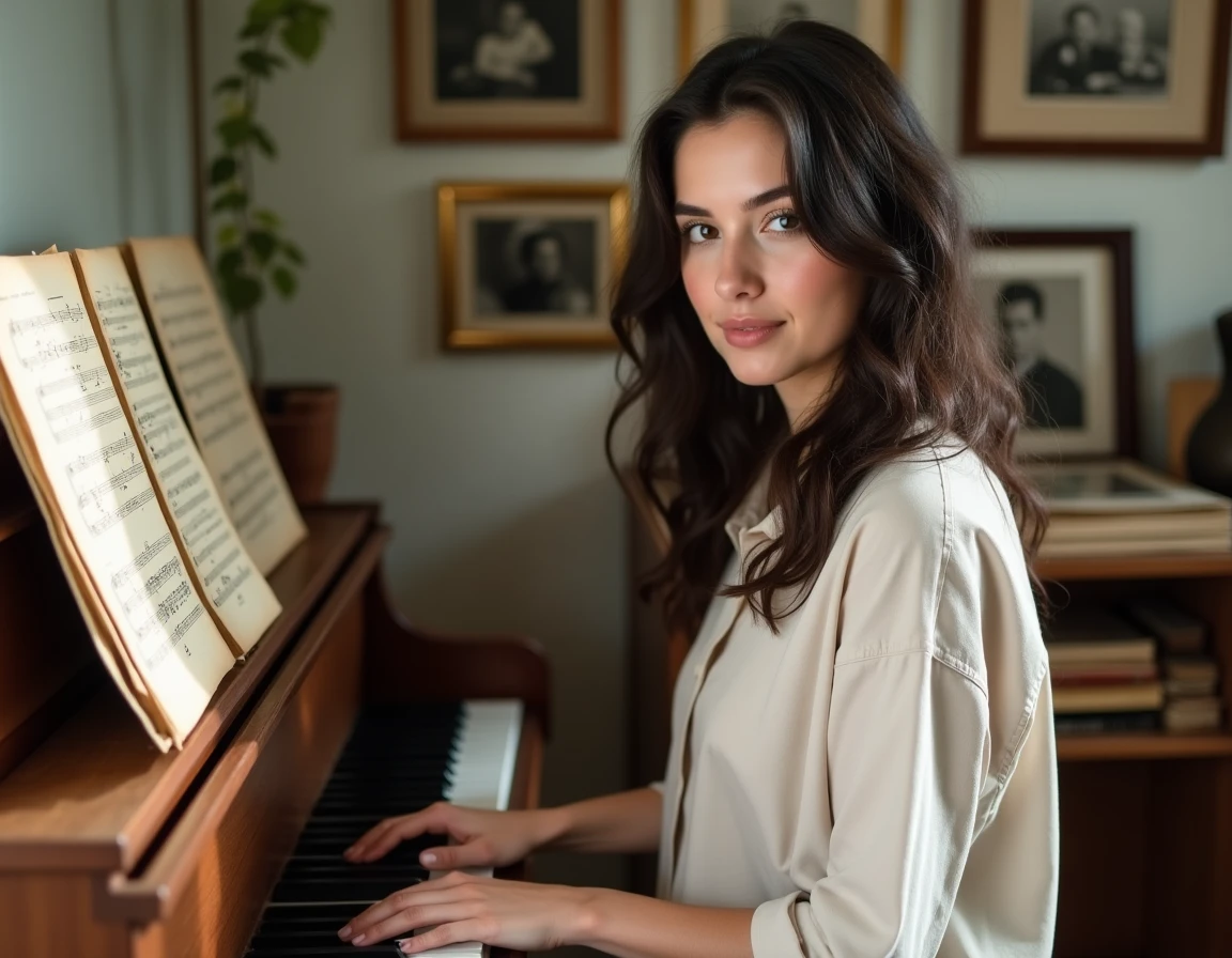 Jeune femme aux cheveux bruns jouant du piano dans une pièce familiale décorée de photos de famille, alliant musique et héritage familial