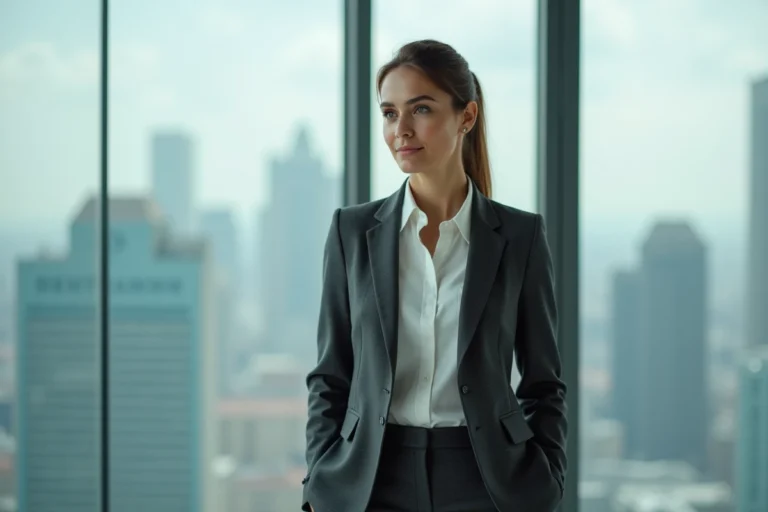 Veronika Thielová en veste tailleur grise dans un bureau moderne avec vue sur la ville, portrait éditorial inspirant