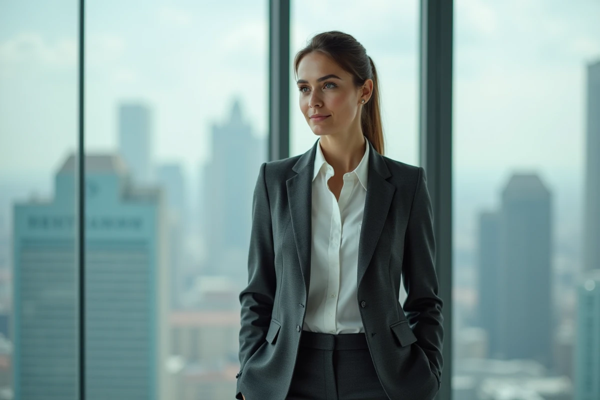 Veronika Thielová en veste tailleur grise dans un bureau moderne avec vue sur la ville, portrait éditorial inspirant