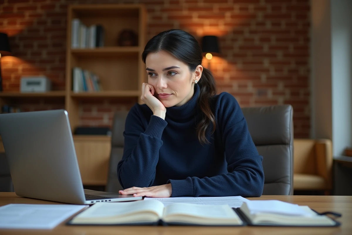 Veronika Thielová concentrée à une table de réunion avec des documents et un ordinateur portable, ambiance travail inspirant