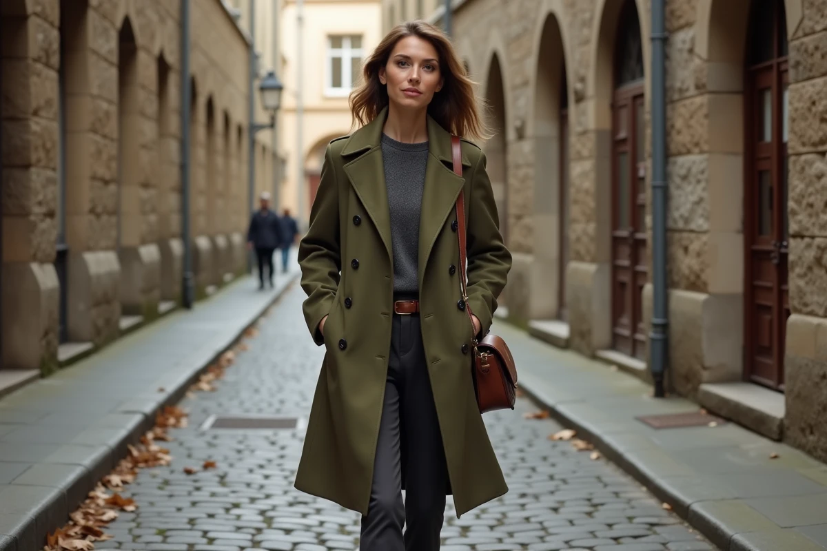 Veronika Thielová marchant avec assurance dans une rue pavée européenne en automne, portrait éditorial en plein air